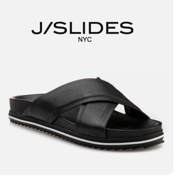 J/Slides OLIVIA Black Leather Crisscross White Stripe Slide Sandals - Picture 1 of 12